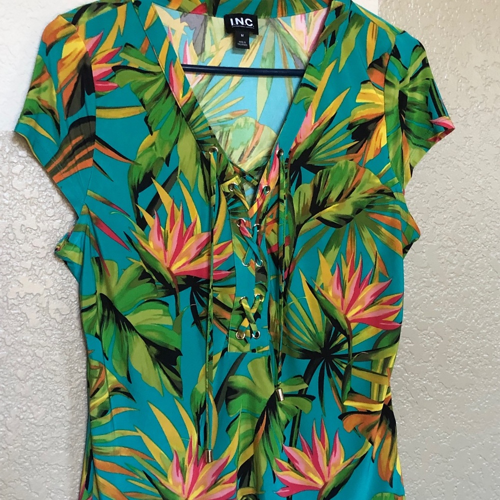 INC International Concepts Tropical Floral Lace Up Top